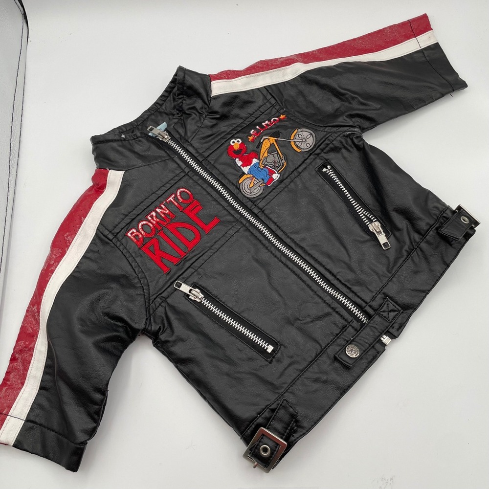 *READ Sesame Street Elmo Vtg Y2K 2006 Biker Jacket Black Red Faux Leather 12M - Picture 5 of 11